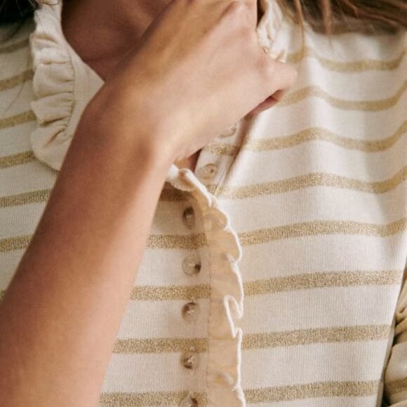 Sézane Gaël Marinière Top Ivory & Gold Striped Long Sleeve with Ruffle Trim XS - Picture 1 of 14